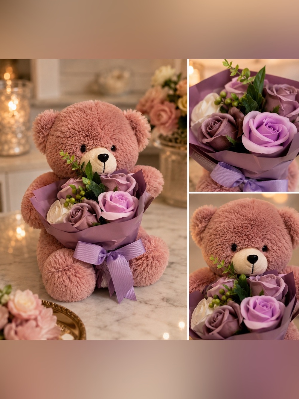 Plush Teddy Bear with Silk Flower Bouquet – New Sealed